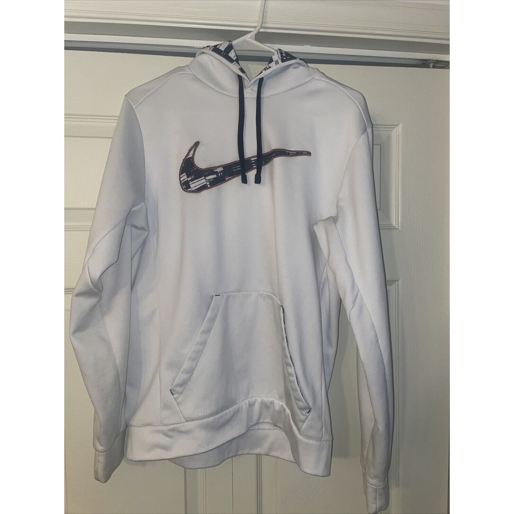 Nike Therma Fit White Hoodie Black White Check Trim Sweatshirt Medium Unisex